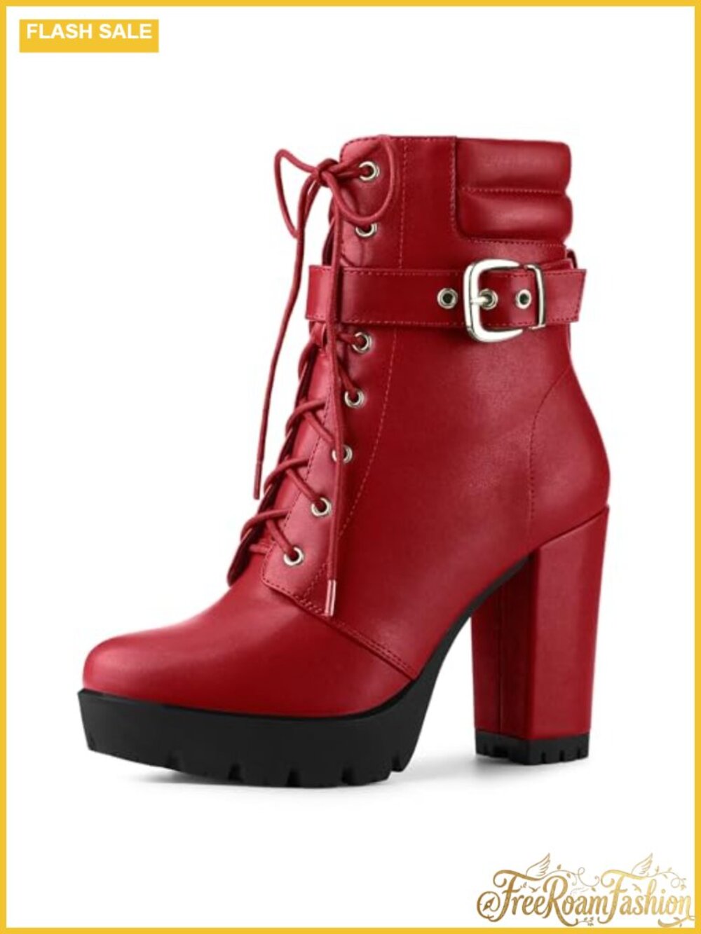 Platform Ankle Combat Boots Faux Leather Lace Up Block Heel